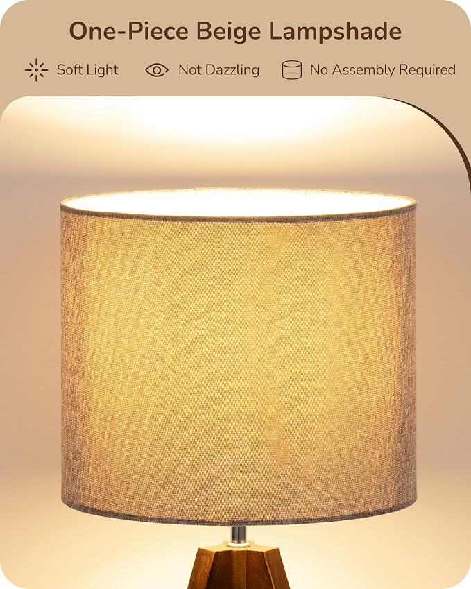 EDISHINE Boho Small Table Lamp, Walnut Color Wooden Tripod Bedside Lamp, Farmhouse Nightstand Lamp for Nursery, Bedroom, Office, Kid Room, Living Room, Grey Linen Lampshade, E26 Socket, 14.2 Inch