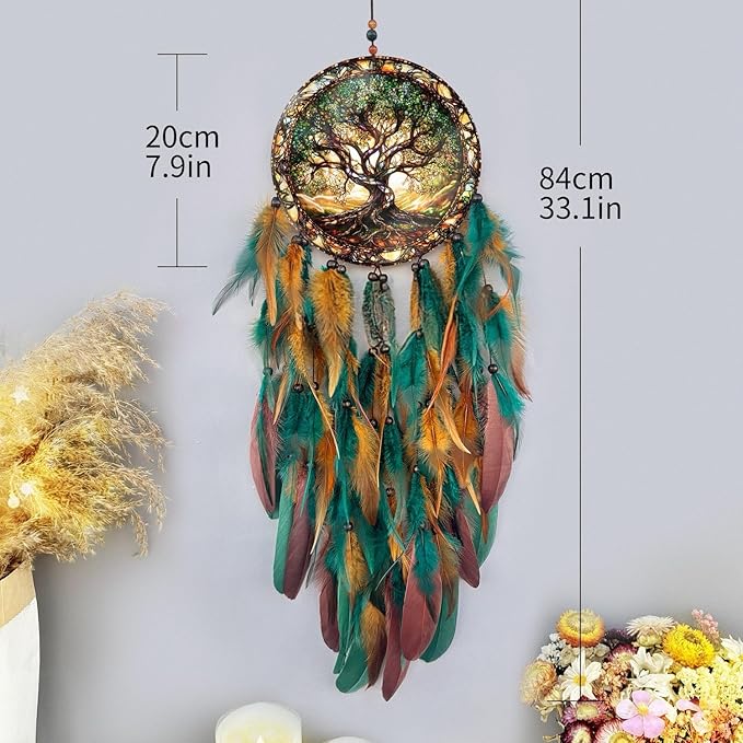 Dream Catcher Wall Hanging Decor for Bedroom Aesthetic, Handmade Traditional Wall Art with Feathers for Living Room, Nursery, Good Vibes Gift for Women,Girls,Home Decoration Wedding Party (Old Tree)