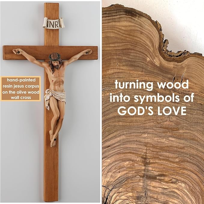 Crucifix Wall Cross - 14 Inch Olive Wood Wall Crucifix, Hand Painted Resin Jesus on Wooden Crucifix Catholic Home Decor Housewarming Religious Gifts