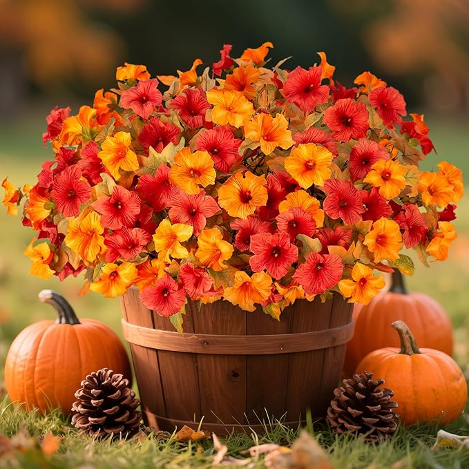 8 Pcs Fake Fall Flowers Artificial Petunias for Outdoor Decorations, Faux Fall Flowers for Outside UV Resistant Realistic Plants for Garden Porch Patio Indoor Autumn Decor(Orange Yellow)