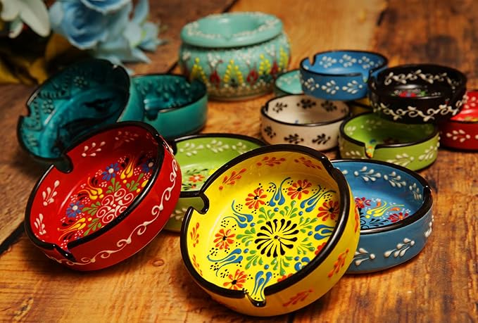 Ashtray Set Cigarette Ash Tray for Indoor Outdoor Use Ash Holder for Smokers Desktop Smoking Ash Tray - Home Office Decoration Hand-Paint Ceramic Cigar Ashtrays (2 pcs Large - Yellow and Blue)