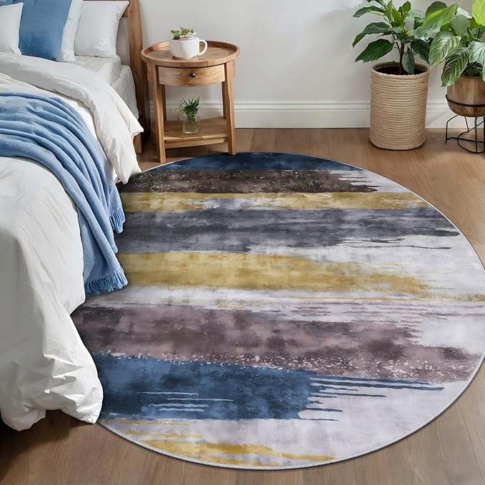 Ciicool 4ft Round Washable Rug, Modern Abstract Circle Rugs, Non-Slip Thin Lightweight Rug Yellow Grey Circular Print Distressed Carpet for Bedroom Living Room Under Dining Table Home Office Decor