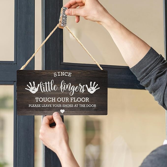 Wall Pediments Shoes Off Sign,Shoes Off Sign for Front Door,Since Little Fingers Touch Our Floor Door Sign,Shoes Off Hanging Welcome Sign for Front Door,10x8 Inches，Wood Grain-4