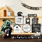 Mifoci 18 Pcs Farmhouse Tiered Tray Decor Home Wooden Signs Rustic Home Tiered Tray Decorations Sweet Vintage House Tabletop Table Centerpiece Black White Block for Kitchen Table Housewarming
