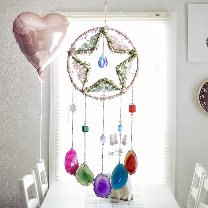 Large Dream Catcher Pink Star Dream Catchers with Healing Crystals Stones Crystal Suncatcher Prism Hanging Window Wall Room Decor Handmade Gift for Girls Boys