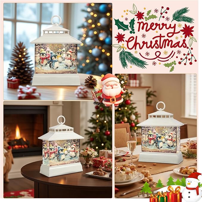 Christmas Snow Globe Lantern Water Glittering Lantern with 8 Songs & 6H Timer Romote Control Christmas Snow Globes USB & Battery Operated for Christmas Festival Decorations Gifts (Penguins)
