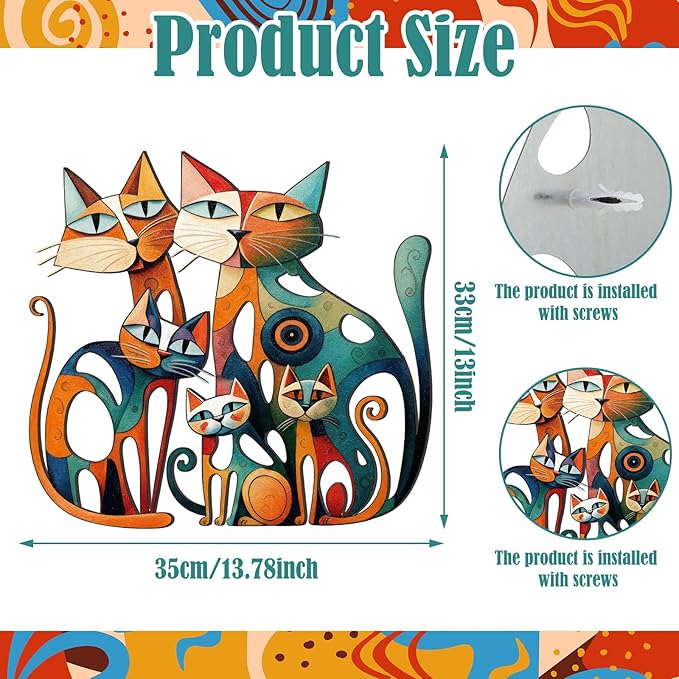 Wesiti Cat Wall Art Decor Iron Wall Sculptures Decor for Cats Lover 13.7 x 13 Inches Colorful Mid Century Cat Retro Signs for Home Living Room Bedroom Kitchen Office(Opulent)