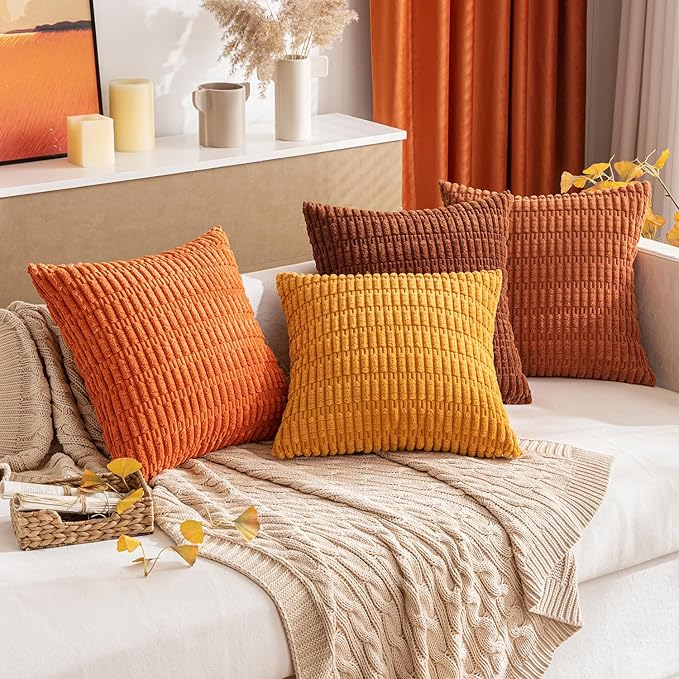 MIULEE Pack of 2 Dark Rust Corduroy Decorative Pillow Covers 20x20 Inch Soft Boho Striped Throw Pillow Covers Modern Farmhouse Home Decor for Summer Sofa Living Room Couch Bed