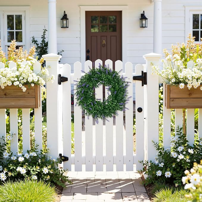 SHACOS Lavender Greenery Wreath 17" Artificial Boxwood Front Door Wreaths for Home Wall Window Farmhouse Decoration 100% Plastic Indoor Outdoor