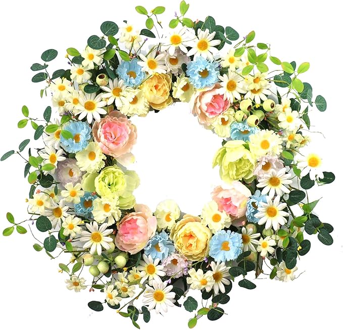 JINGHONG 24” Artificial Flower Wreath,Daisy and Rose Wreath Colorful Spring/Summer Floral Wreaths for Front Door Wall Window and Holiday Festival Party Banquet Wedding Decor