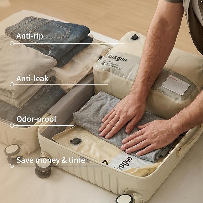 Vacuum Compression Bags for Travel with Pump 180° Open Vacuum Seal Bags for Carry-on Luggage Home Storage, IP67 Waterproof Space Saver Storage Bag (1 Large Pack + Pump Beige)