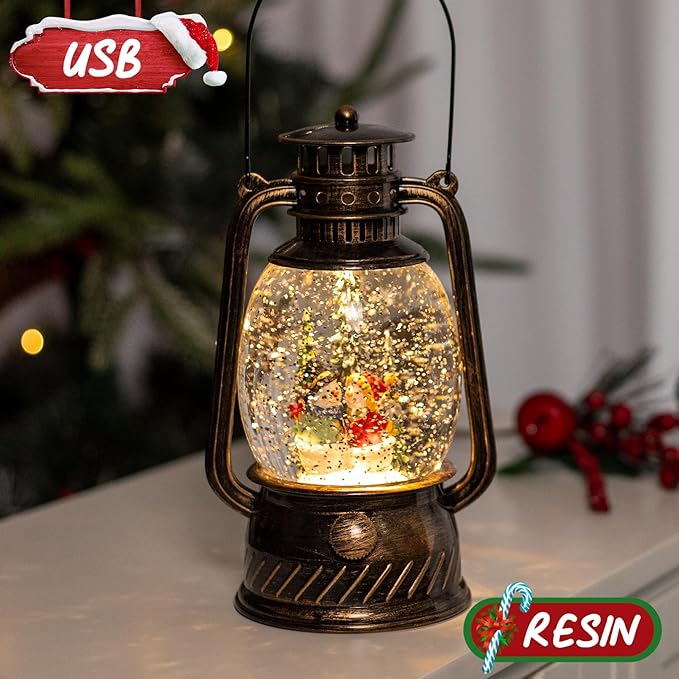 Snow Globe Christmas Decorations Snowman, Musical Glitter Christmas Snow Globes Light Up Lantern 6H Timer USB Lined/Battery, Christmas Village Snowman Snow Globe Decor Gifts