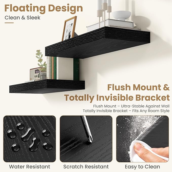 FLYJOE 24 Inch Long Floating Shelves for Wall Set of 1, 12" D Wood Grain Bathroom Shelves with Invisible Brackets, Easy Install Engineered Wood Storage Shelves for Kitchen, Living Room, Bedroom