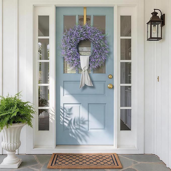 26" Artificial Lavender & Eucalyptus Wreath with Sash for Front Door, Porch, Window - Large Greenery Outdoor Wreath for Home, Farmhouse Decor - Spring, Summer, All Seasons (Purple)