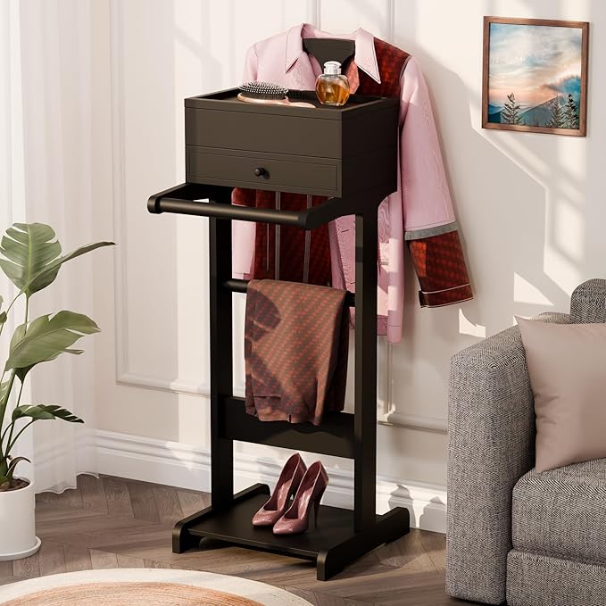 Brefhome Wooden Valet Stand with Drawer & Tray, Clothing Rack for Men Women, Modern Garment Rack for Entryway, Bedroom, Commercial, Black