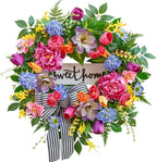 Pinkpuii Spring Wreaths for Front Door Outside– 24 Inch Spring Door Wreath with Pink Peonies, Roses,Blue Hydrangeas&Yellow Tulips,Colorful Welcome Summer Wreaths for Front Door Porch & Entryway Decor
