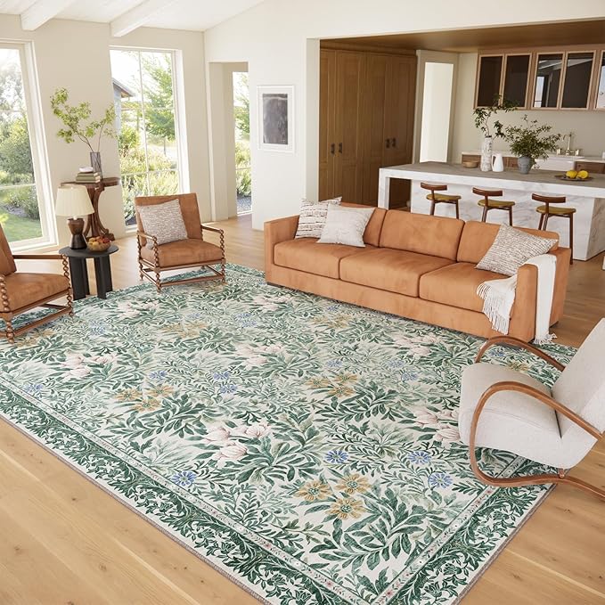 Botanical Floral Area Rug 9x12 Light Green Cream Vintage Garden Design, Perfect for Living Room, Bedroom, Kids Room, Nursery - Stain & Water Resistant Non-Slip, Pet & Child Friendly Area Rugs