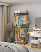 Stylish Clothes Rack - Rust-Proof Clothing Rack with Shelves, Hangers, Removable Hooks, Anti-Tip Wardrobe Closet with Lockable Wheels & Wall Anchor for Bedroom, 33.0" x 12.6" x 78.7", Black