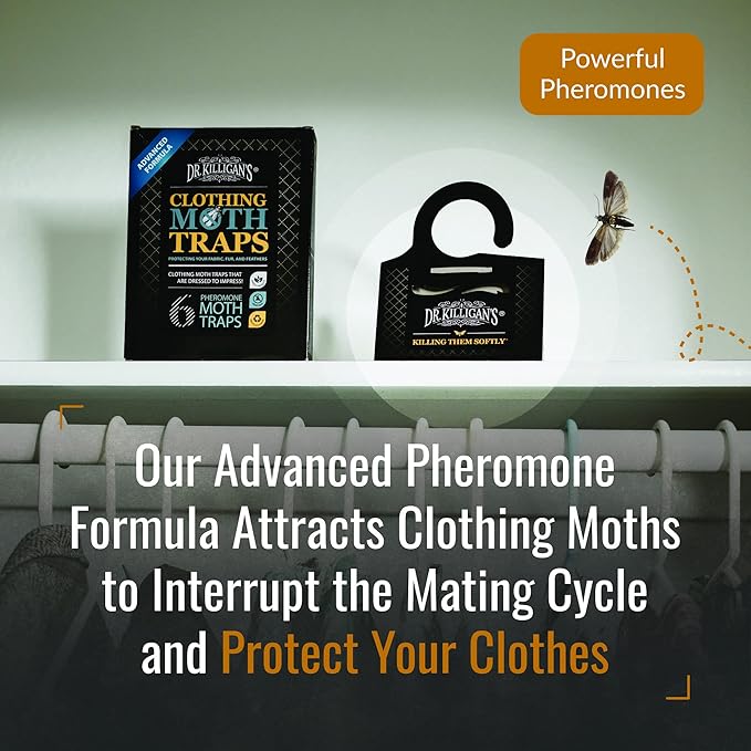Dr. Killigan's Premium Clothing Moth Traps with Pheromones Prime | Non-Toxic Clothes Moth Trap with Lure for Closets & Carpet | Moth Treatment & Prevention | Case Making & Web Spinning (Black)