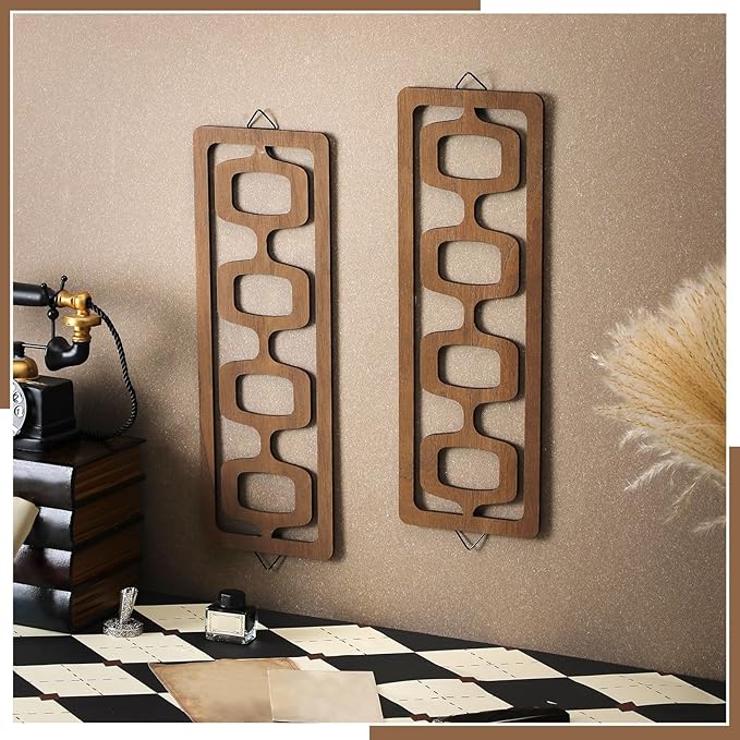 CroBlissful 2 Pcs Mid Century Modern Wall Art Wood Mid Century Elegance Decor Accents Abstract Wall Sculpture Geometric Panels for Interior Panel Art for Home Living Room(Brown)