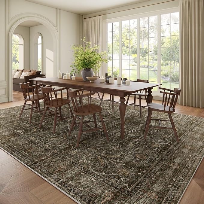 Washable 10x14 Area Rugs for Living Room, Boho Non-Slip Vintage Distress Large Rugs for Bedroom Dining Room Office, 0.3" Neutral Oriental Throw Thin Carpet, Rust/Multi
