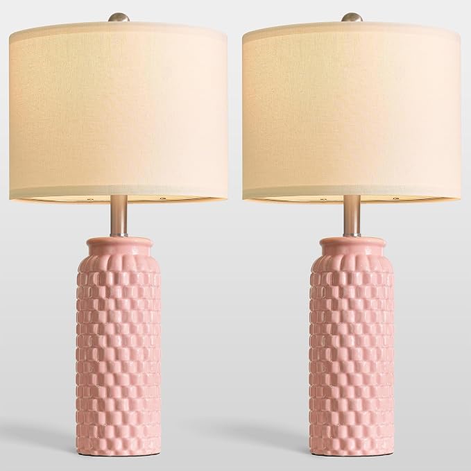 USumkky 24" Modern Ceramic Pink Bedside Lamp Set of 2 Table Lamp for Bedroom Decor Farmhouse Table Lamp for Living Room Office Dorm