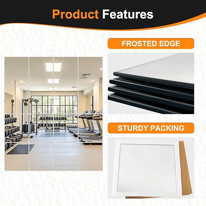 Delma Home Gym Mirror Tiles, 14'' x 12'' Glass Frameless Mirror (16 PCS), Large Wall Mirror for Home Gym,Bedroom,Door,Bathroom