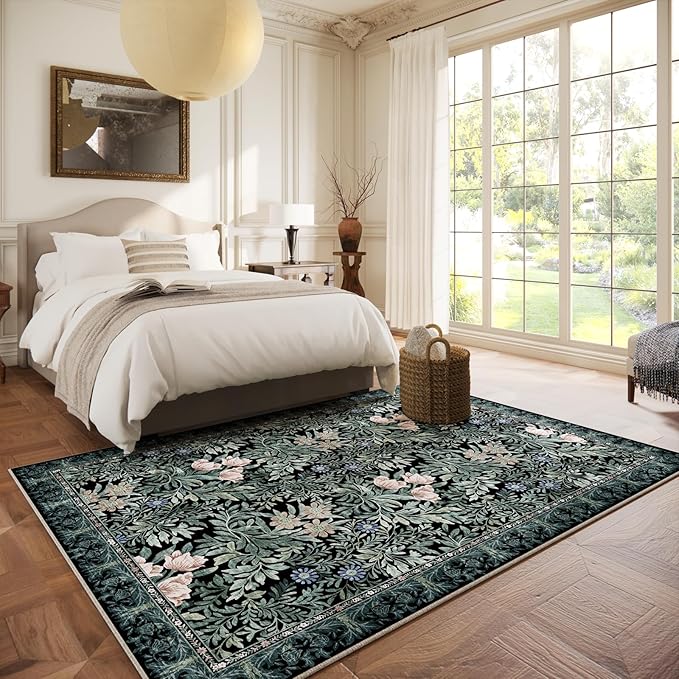 Washable Area Rugs 5x7 Black Green Vintage Floral Botanical Pattern,Perfect for Living Room, Bedroom, Kids Room, Nursery - Stain & Water Resistant Non-Slip, Pet & Child Friendly/Bedroom Decor