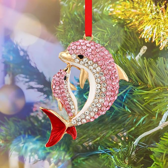 SICOHOME Dolphin Ornaments for Christmas Tree - Coastal Sea Ocean Hawaii Beach Themed Christmas Hanging Ornament with Rhinestones for Christmas Tree Gifts for Ocean Lover, Nautical Enthusiast - Pink