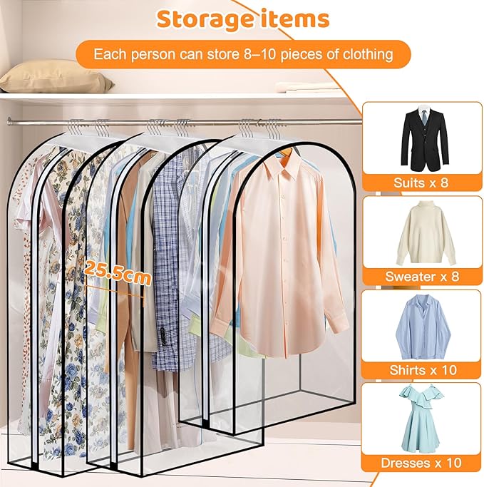 4 Pack Full Clear Garment Bags with Side Zipper, 40&60" Clothes Covers with 10" Gusset, Transparent Hanging Suit & Coat Covers for Closet Storage, Jackets, Dresses, Windbreakers
