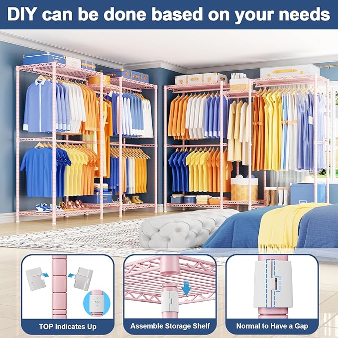Ulif E12 Pro Clothes Rack，Heavy Duty Freestanding Garment Rack with Shelves，Metal Clothing Closet Storage System for Hanging Clothes，71" W x 16" D x 76.5" H, Hold 960 lbs，Pink