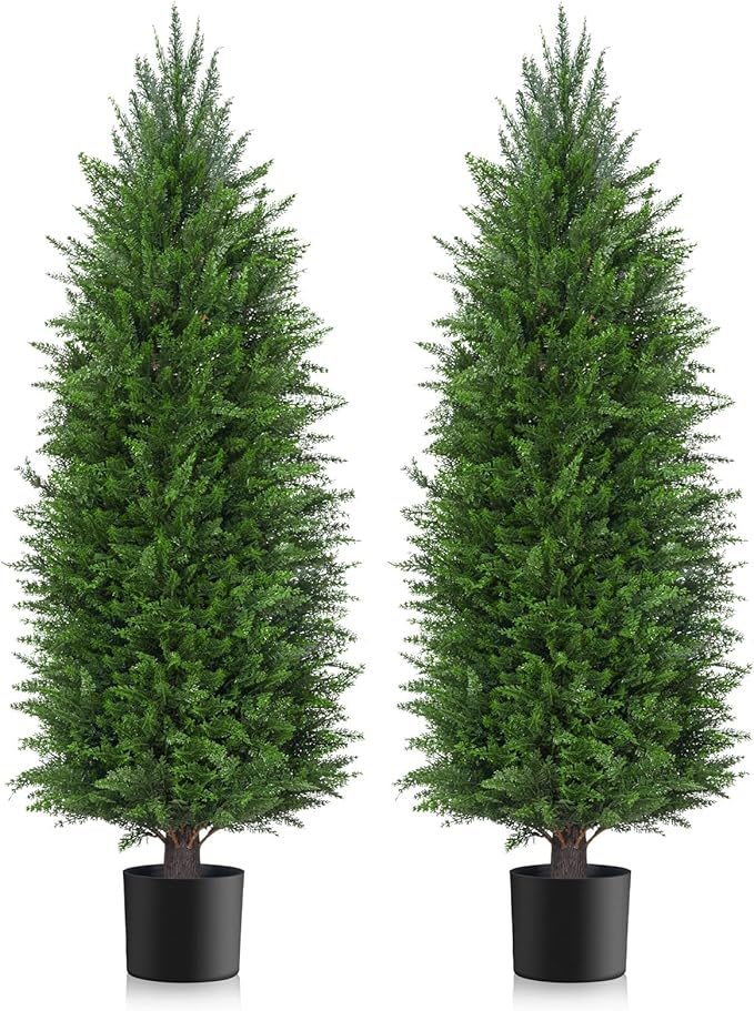 5FT Artificial Topiary Cedar Plants Outdoor, Faux Pine Trees UV Resistant and Potted, 72 Inch Tall Fake Shrubs Evergreen for Front Porch Decor Set of 2