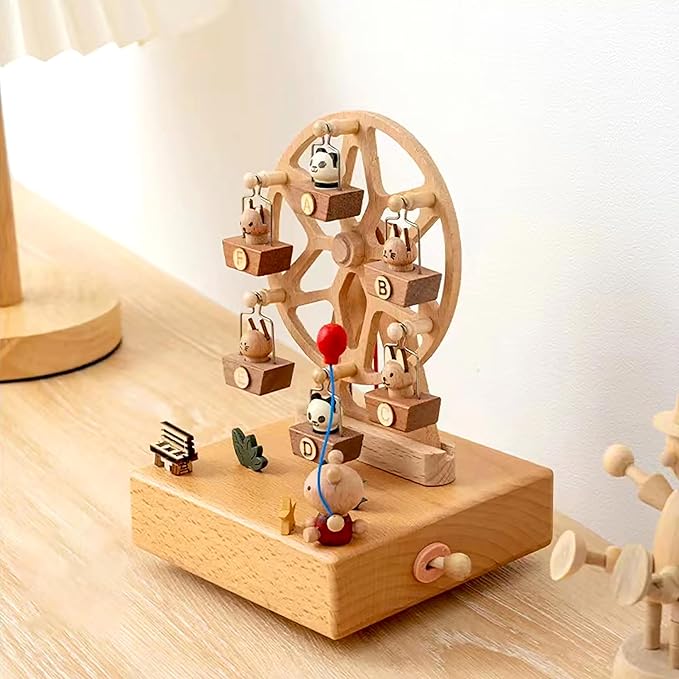 Natural Solid Wood Handcrafted Beech Wooden, Musical FigureTotoro/Carousel/Fairy/Ballerina Figurine,Rotating Hand Crank Mechanism Music Box,Musical Decorations (Skywheel)