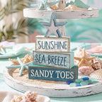 Lineshading 4 Pcs Summer Table Decoration Coastal Wooden Stacked Block Decor, Sunshine Sea Breeze Sandy Toes Signs with Starfish, Rustic White and Blue Beach Tiered Tray Decor for Home Entryway