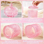 Aoriher 4 Pcs Crystal Glass Candy Jar Set with Lids Home Decorative Storage Jars for Apothecary, Bathroom, Kitchen, and Pantry, Ideal for Cotton Swabs and Jewelry(Medium,Pink)
