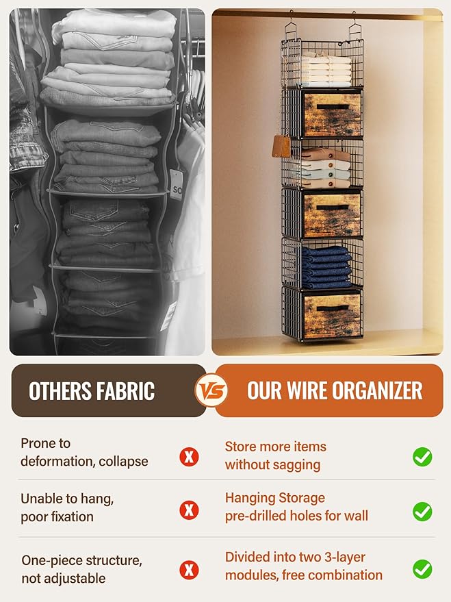 Closet Hanging Organizer with Drawers, 6 Tier Metal Closet Organizers and Storage with 4 Hanging Hooks 4 S-Hooks for Wardrobe Laundry Room, Wire Storage Shelf for Clothes Sweaters Pants (Black)