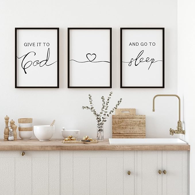 Set of 3 Framed Farmhouse Give it to God and Go to Sleep Signs Above Bed Wall Decors for Bedroom Wood Signs (Black, 16x24 inches)