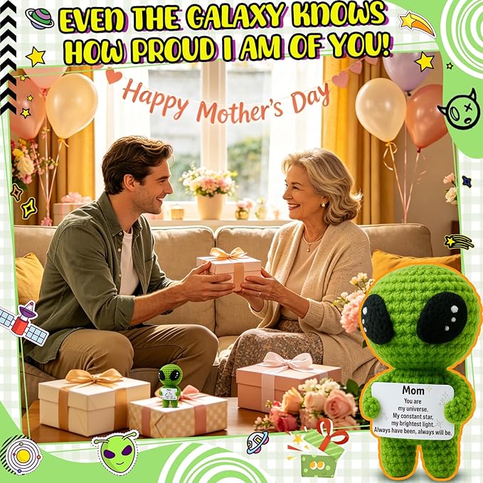 MAMAGIFTREE for Mom – Cute Crochet Alien Figure with Sentimental Card, Funny & Meaningful Handmade Gift from Daughter or Son