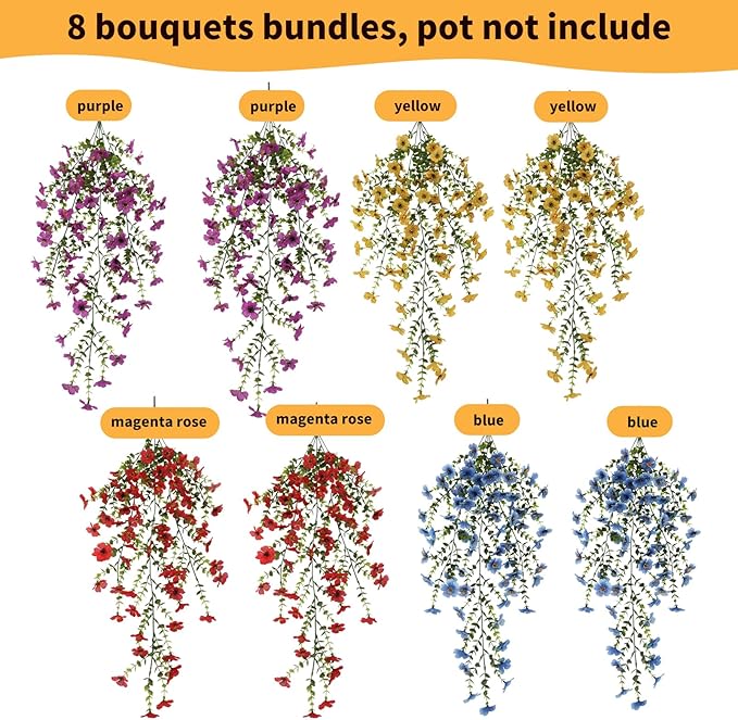 Artificial Hanging Flowers for Outdoors, 8 Pcs Fake Plant for Spring Summer Decoration, UV Resistant Realistic Silk Faux Flowers Outside Indoor Planter Porch Patio Balcony Yard Decor