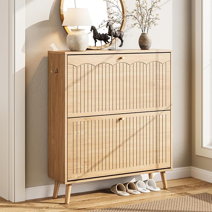Nicetree Arch-Chic Shoe Cabinet for Entryway, Modern Mid-Century Shoe Storage Cabinet with Fluted, Narrow Shoe Rack for Entryway with Adjustable Shelves & Tipping Protection,Light Oak