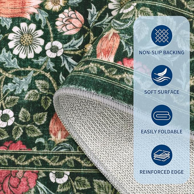 GarveeHome Green Vintage Floral Washable Rugs 8x10 for Living Room Boho Botanical Retro Rug Low Pile Stain Resistance Non Slip Carpet for Bedroom Nursery Dining Room