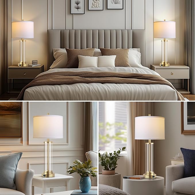 QiMH Lamps for Bedrooms Set of 2, Touch Control Table Lamps with USB A+C Ports, 3-Way Dimmable Bedside Lamp with Fabric Lampshade, Modern Nightstand Lamp for Living Room Bedroom (LED Bulbs Included)