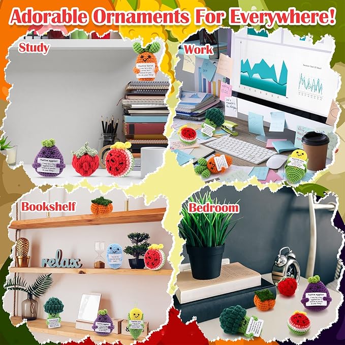 VioraWhite 18 Pcs Fruits Vegetables Positive Emotional Dolls Bulk Encouragement Emotional Knitted Crochet Gifts with Positive Words for Friends Coworker Decorations for Home Office