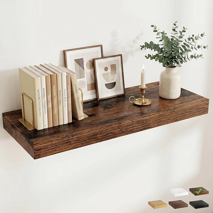 FLYJOE 36 Inch Long Floating Shelves for Wall Set of 1, 12" D Wood Grain Bathroom Shelves with Invisible Brackets, Easy Install Engineered Wood Storage Shelves for Kitchen, Living Room, Bedroom