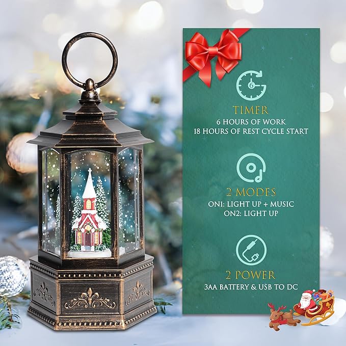 Christmas Snow Globes, 9.37" Church Glitter Water Lantern with Song, 6H Timer Battery & USB Powered Music Box for Christmas Decorations Indoor