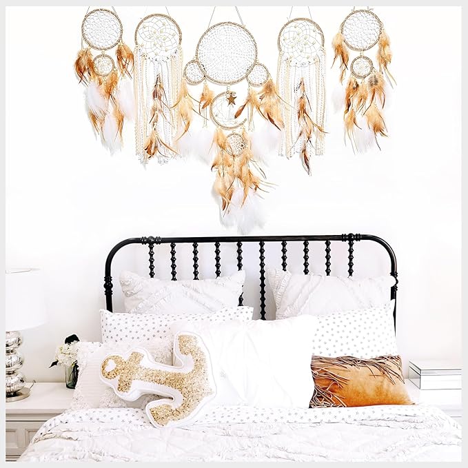 5 Pack Dream Catchers Sun Moon Design Large Handmade Boho Wall Hanging Ornament with Decorative Feathers for Boys Girls Bedroom Living Home Decoration (Brown)
