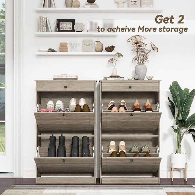 Shoe Cabinet with 2 Flip Drawers, Narrow Freestanding Shoe Storage Organizer, Slim Wooden Hidden Shoe Rack for Front Door Entrance, Closet, Hallway, Living Room, Rustic Gray