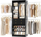 Closet System, 4.2–8.8 FT Closet Organizer with 2 Wooden Drawers and Shelves, Walk-in Closet System with 5 Hang Rods, Built-in Closet Tower, Can Fit 60 to 96 inch, Black