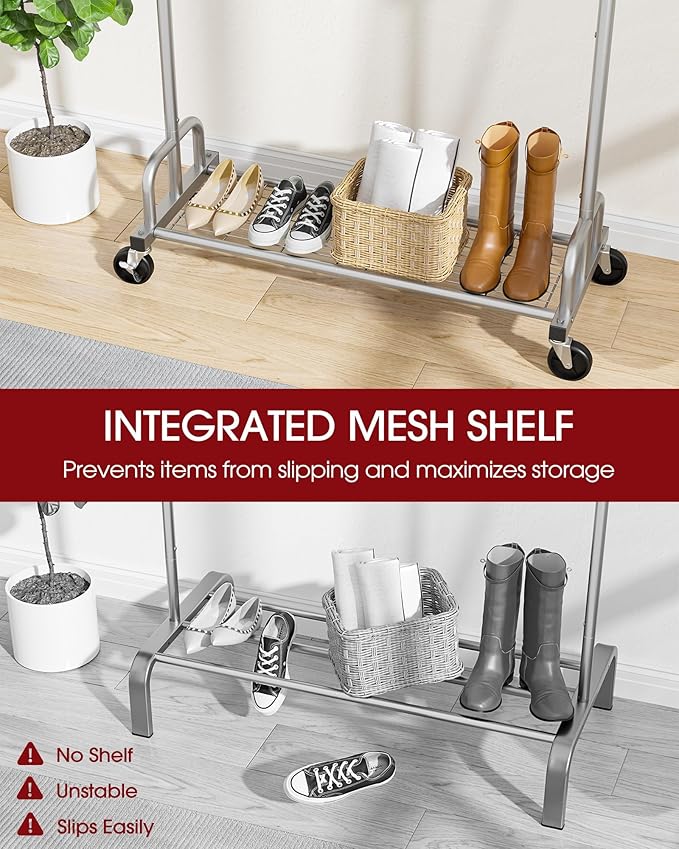 Clothes Rack - Large-Capacity Clothing Racks for Hanging Clothes with Lockable Wheels, Space-Saving Metal Coat Rack for Bedroom, Laundry Room, Entryway, 45.6" x 16.9" x 59", Silver