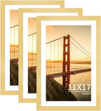 11x17 Picture Frame 3 Pack - Gold Poster Frame Display Pictures 9x15 with Mat or 11 x 17 Without Mat for Wall Hanging Horizontal and Vertical